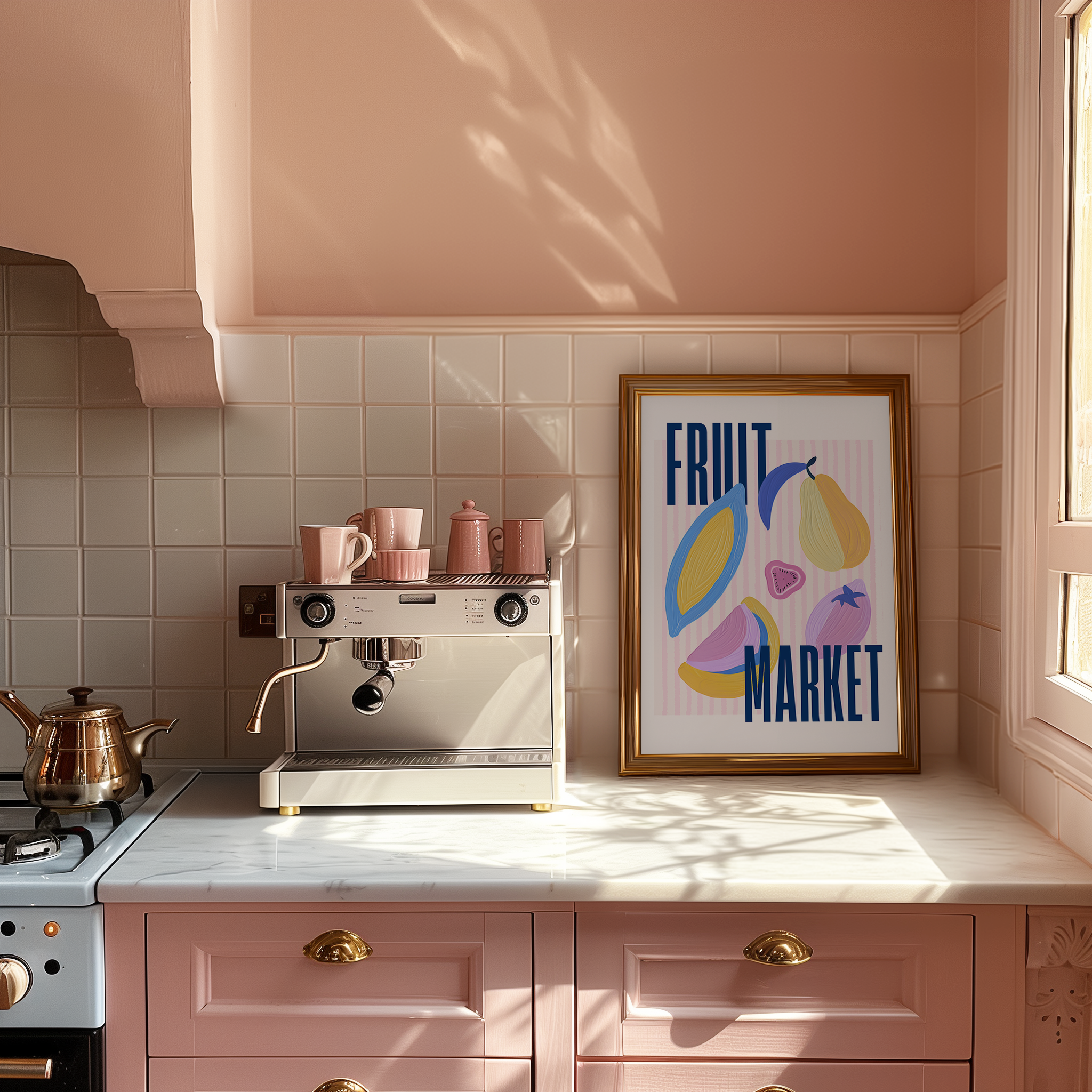 Kitchen with pink cabinets, espresso machine, and framed artwork on the wall.