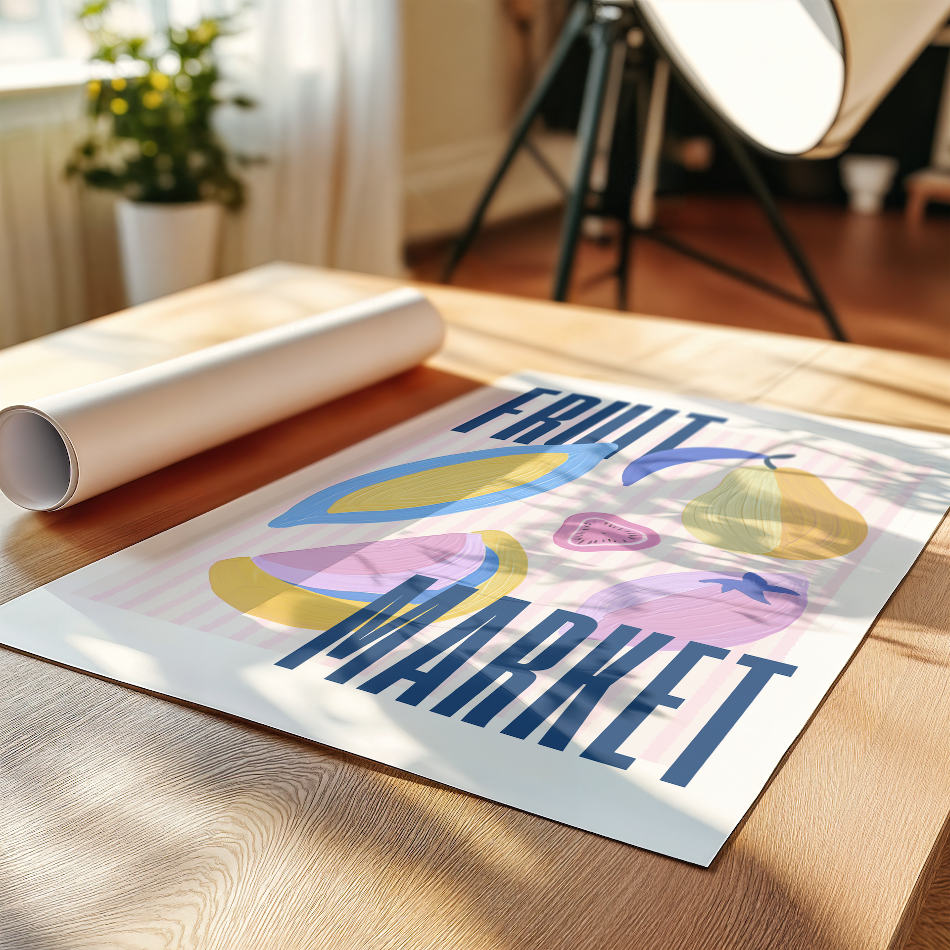 Poster with 'Fruit Market' design on a wooden table