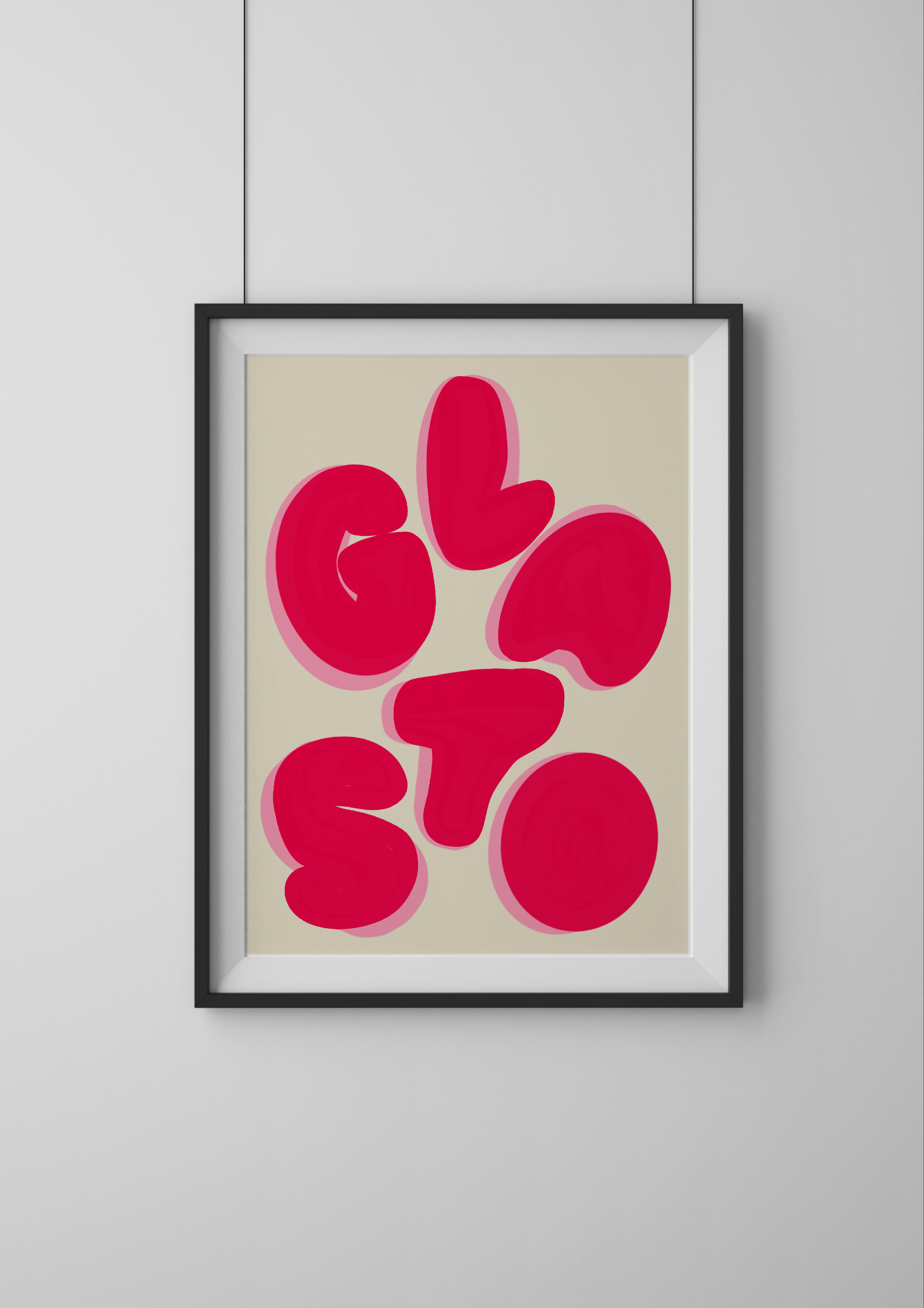 Framed artwork with red abstract design on beige background