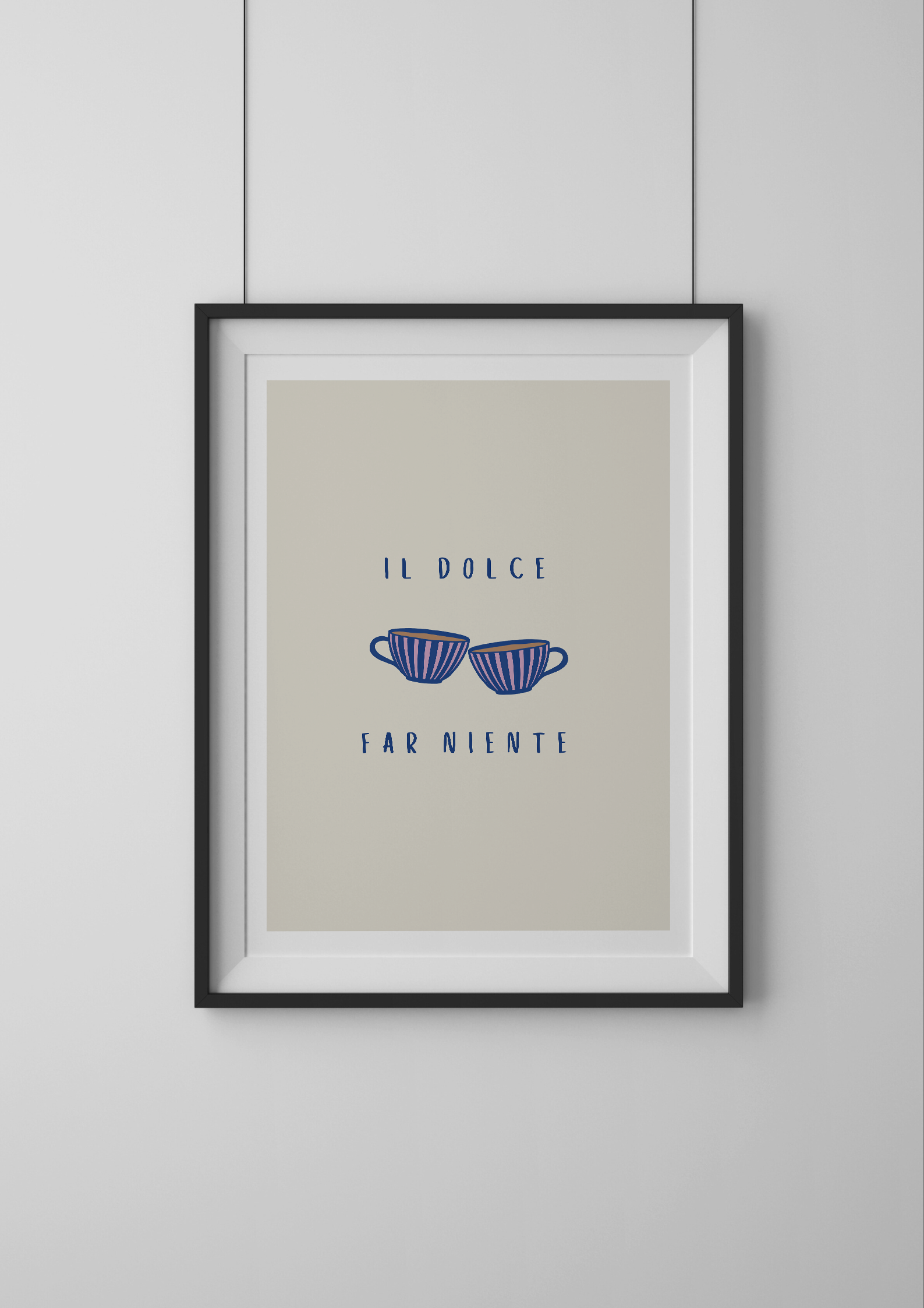 Framed artwork with text and cup illustration on a light background