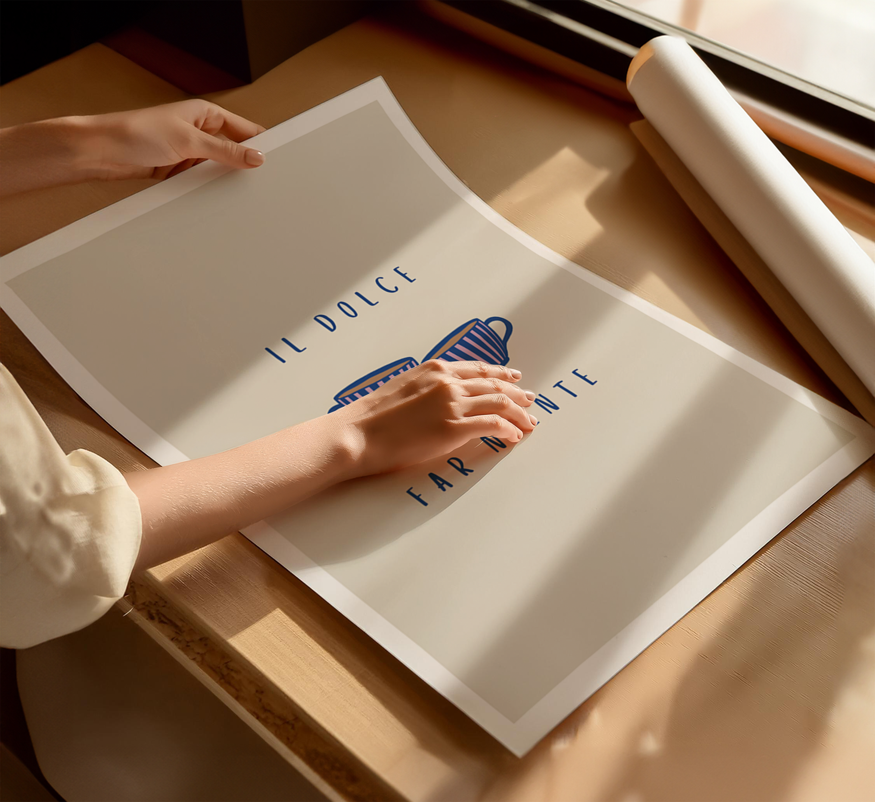 Person holding Italian coffee typography poster reading "il dolce far niente" against a beige background with white border