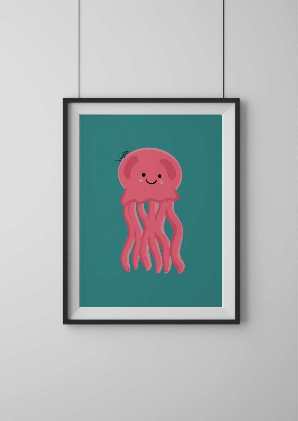 Framed artwork of a pink jellyfish on a teal background