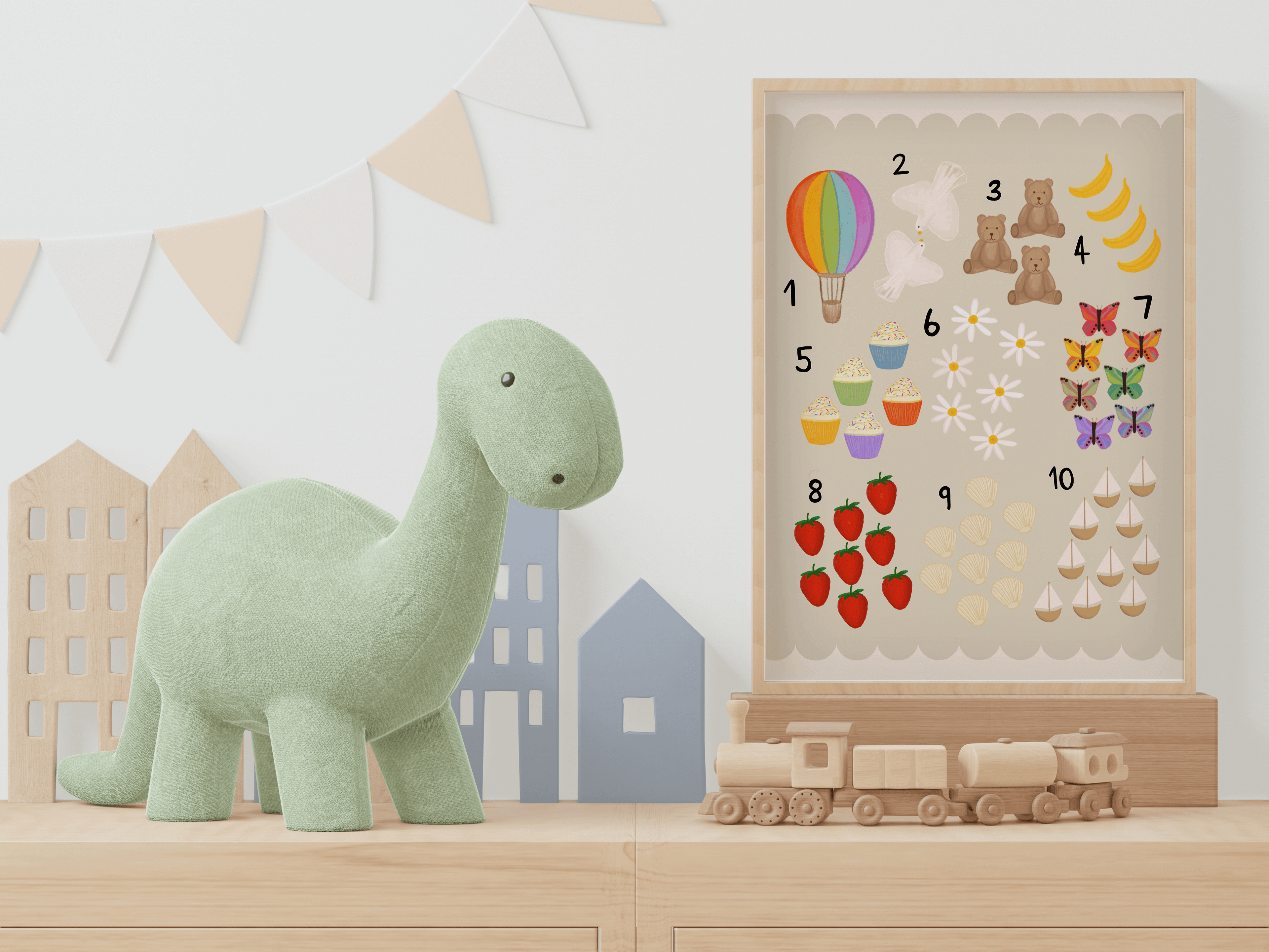 A kids colourful educational poster with numbers 1-10 and related illustrations such as a balloon, teddy bear, and various fruits, displayed in a wooden frame surrounded by wooden toys and plush dinosaur.