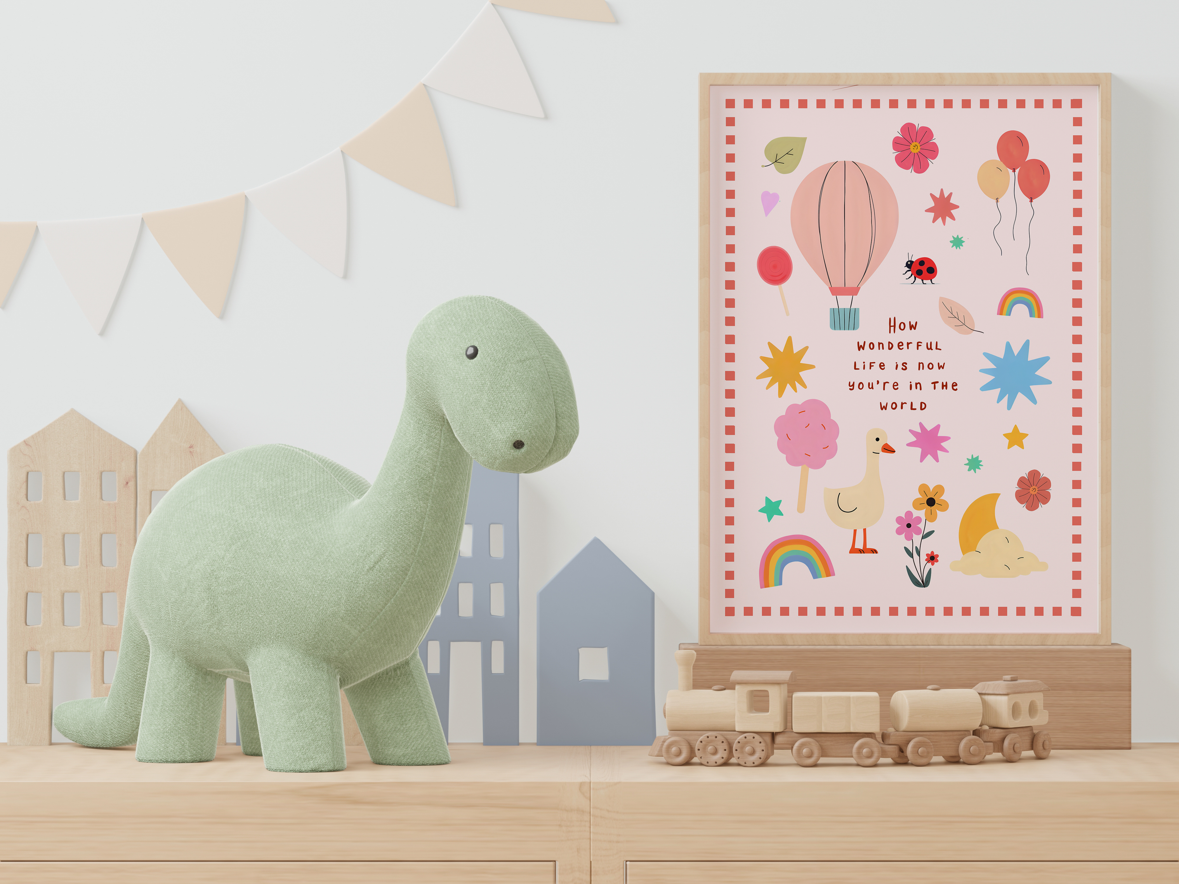 Green dinosaur toy on a shelf with a colorful poster and small train model in a room setting.