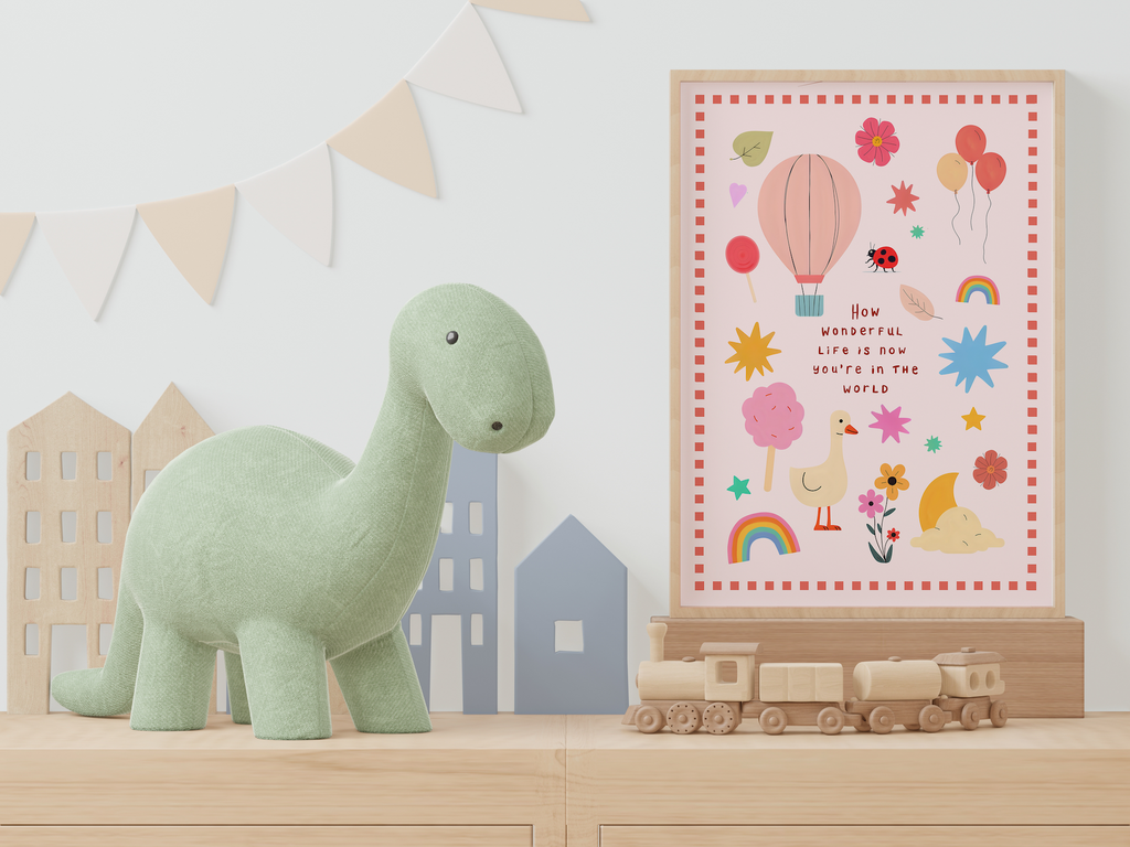 Green dinosaur toy on a shelf with a colorful poster and wooden train in a room with geometric wall art.
