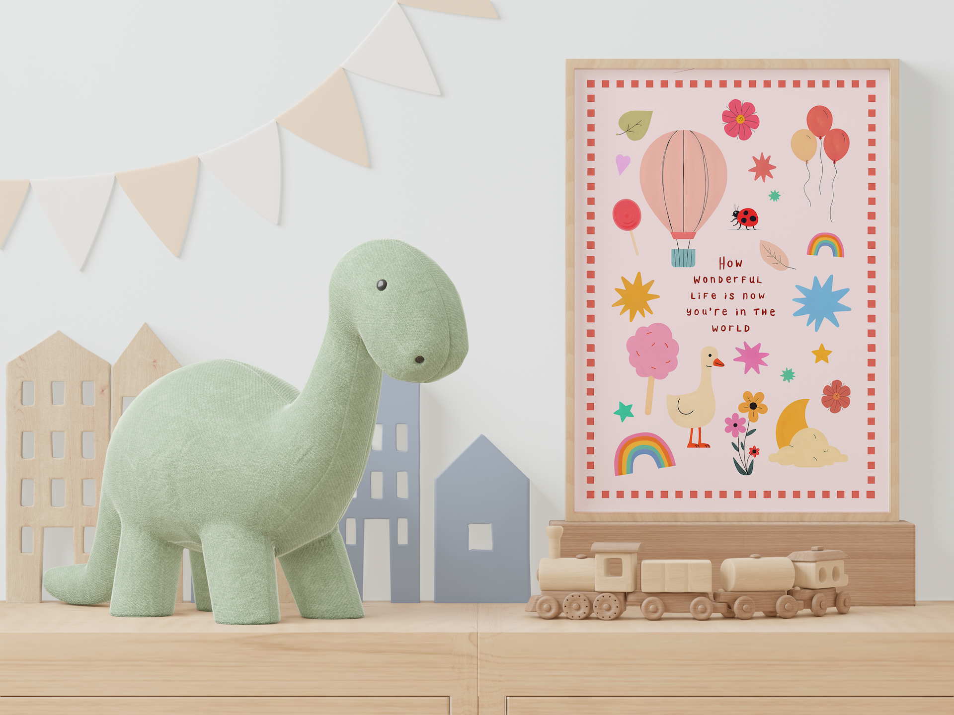 Green dinosaur toy on a shelf with a colorful poster and wooden train in a room with geometric wall art.