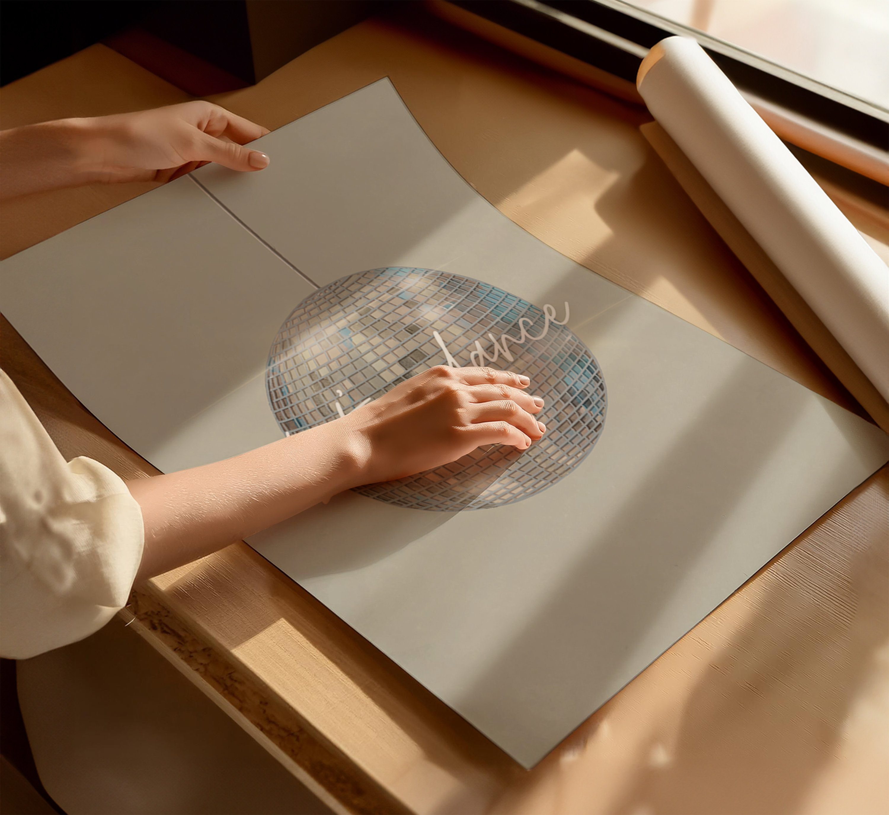 Person holding a paper with a disco ball design on a wooden table