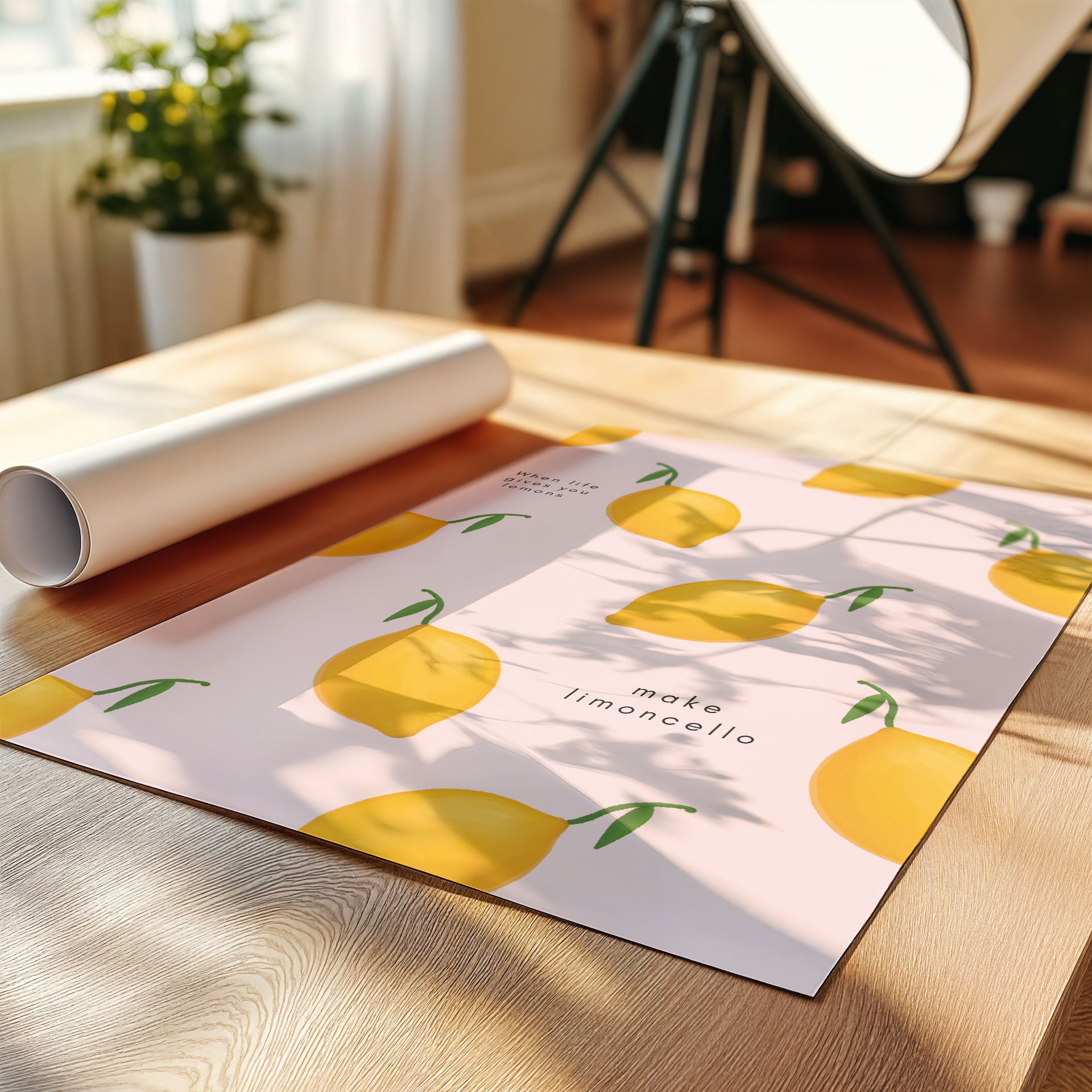 Art print laying on a table featuring text "when life gives you lemons, make limoncello"