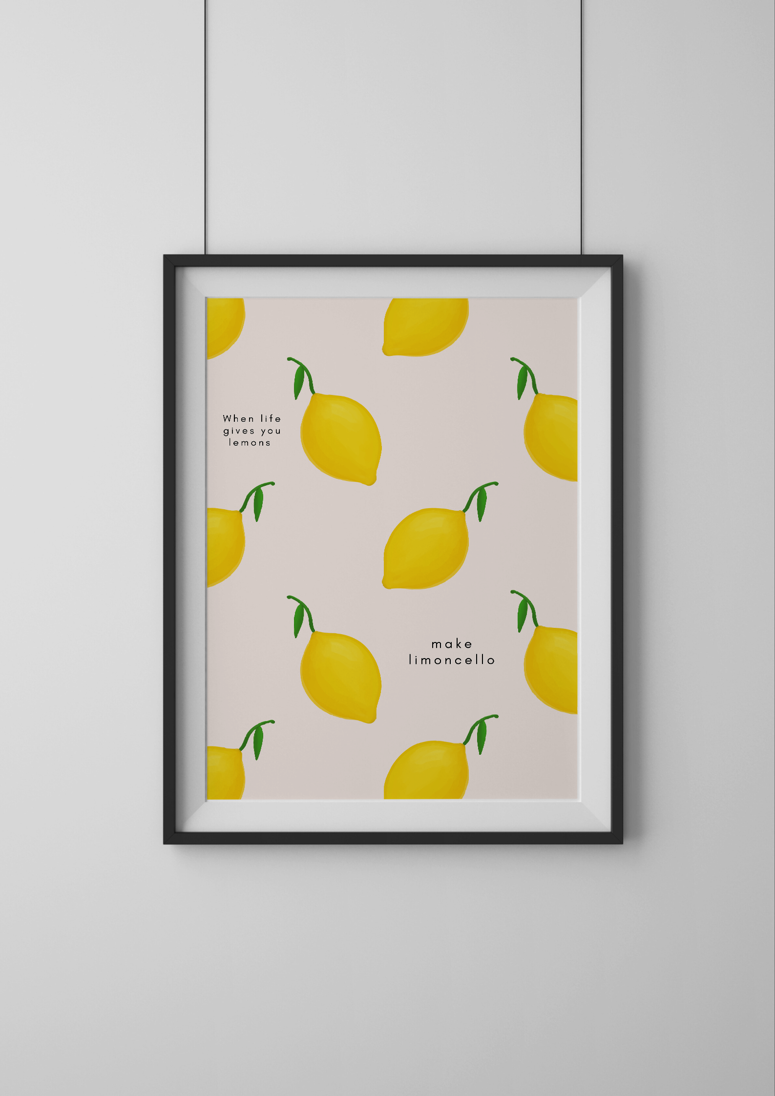 Framed artwork with lemon pattern and text on a light background