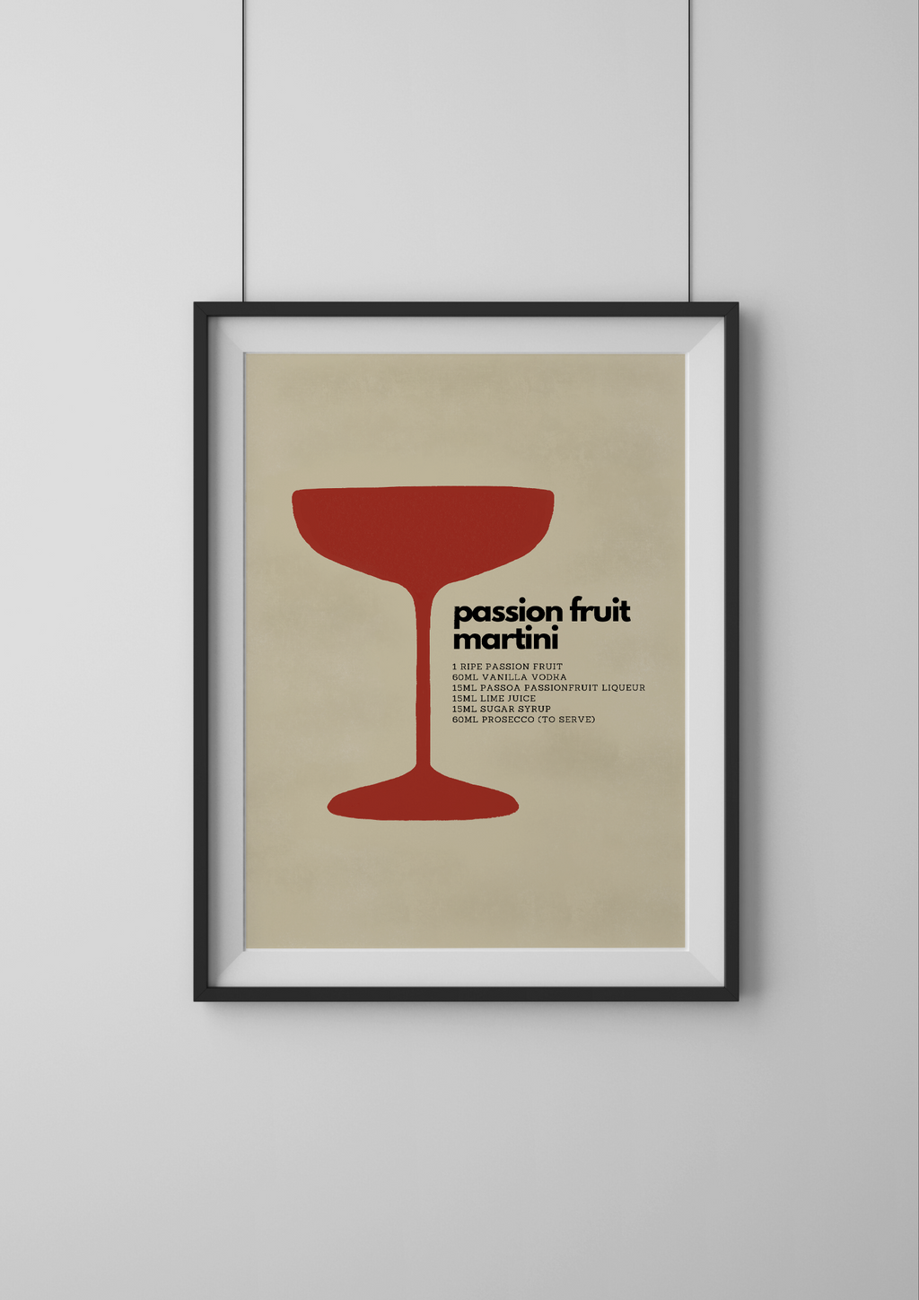 Framed poster with a red cocktail glass and text on a beige background