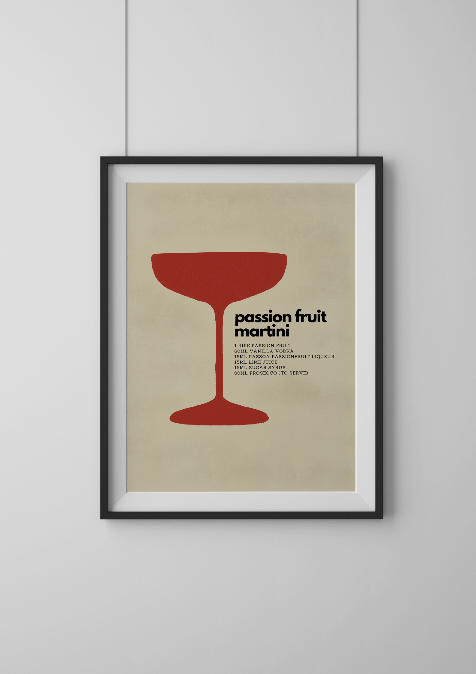 Framed poster with a red cocktail glass and text on a beige background