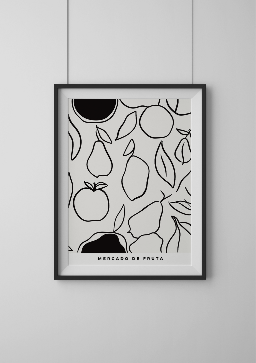 Framed artwork with black line art of fruits and leaves on a light gray background