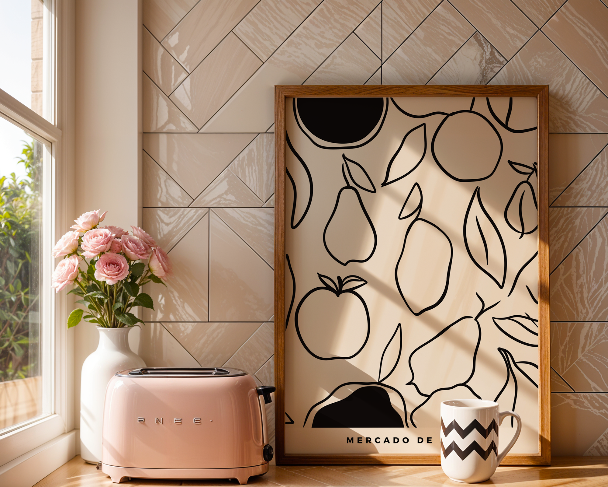 Decorative wall art with fruit and vegetable line drawings in a kitchen setting.