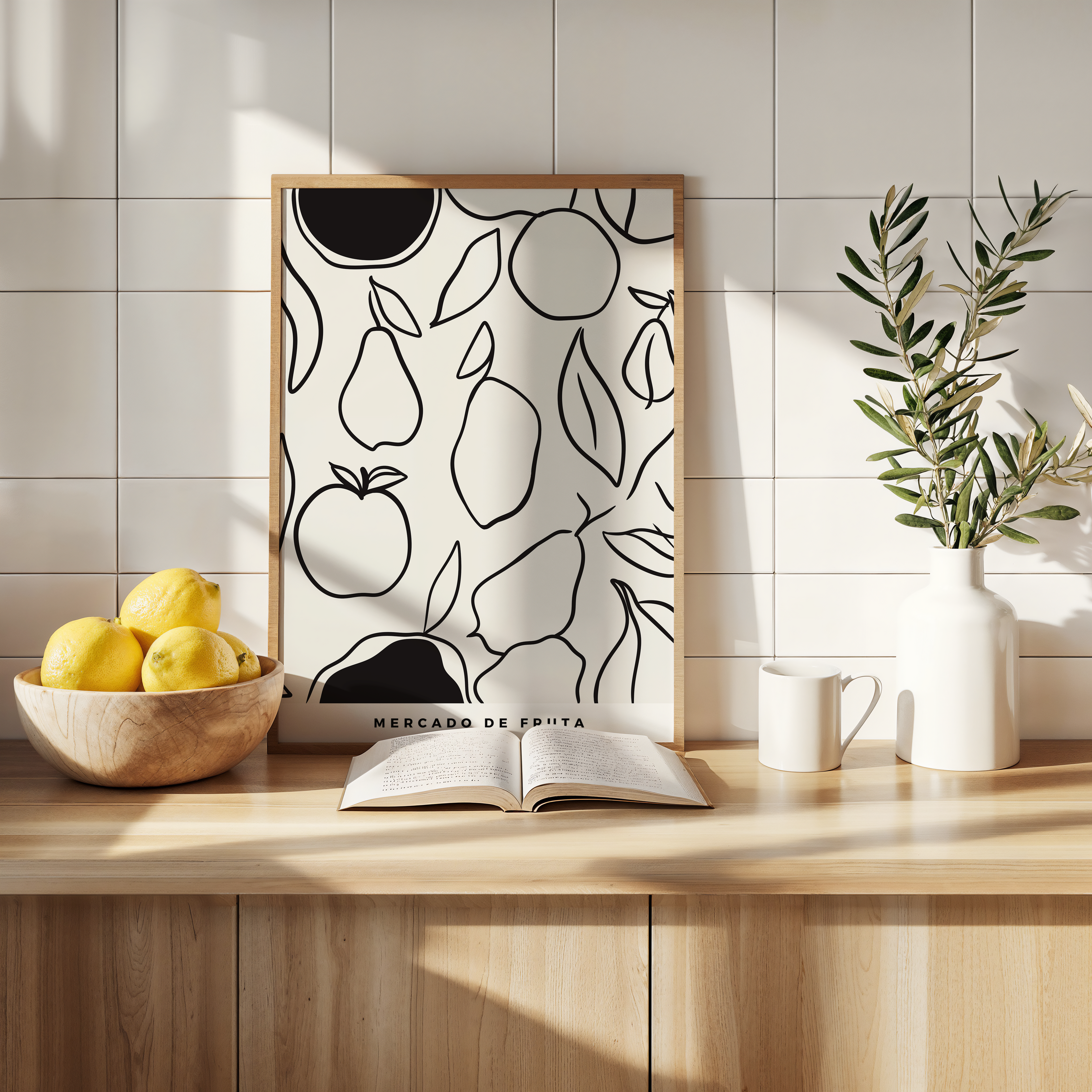 Framed abstract art print on a kitchen counter with lemons, a book, and a plant.