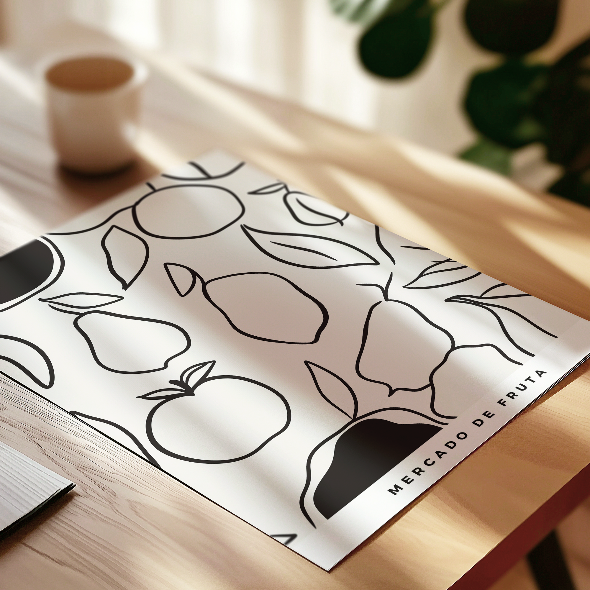 Print with fruit illustrations on a wooden table