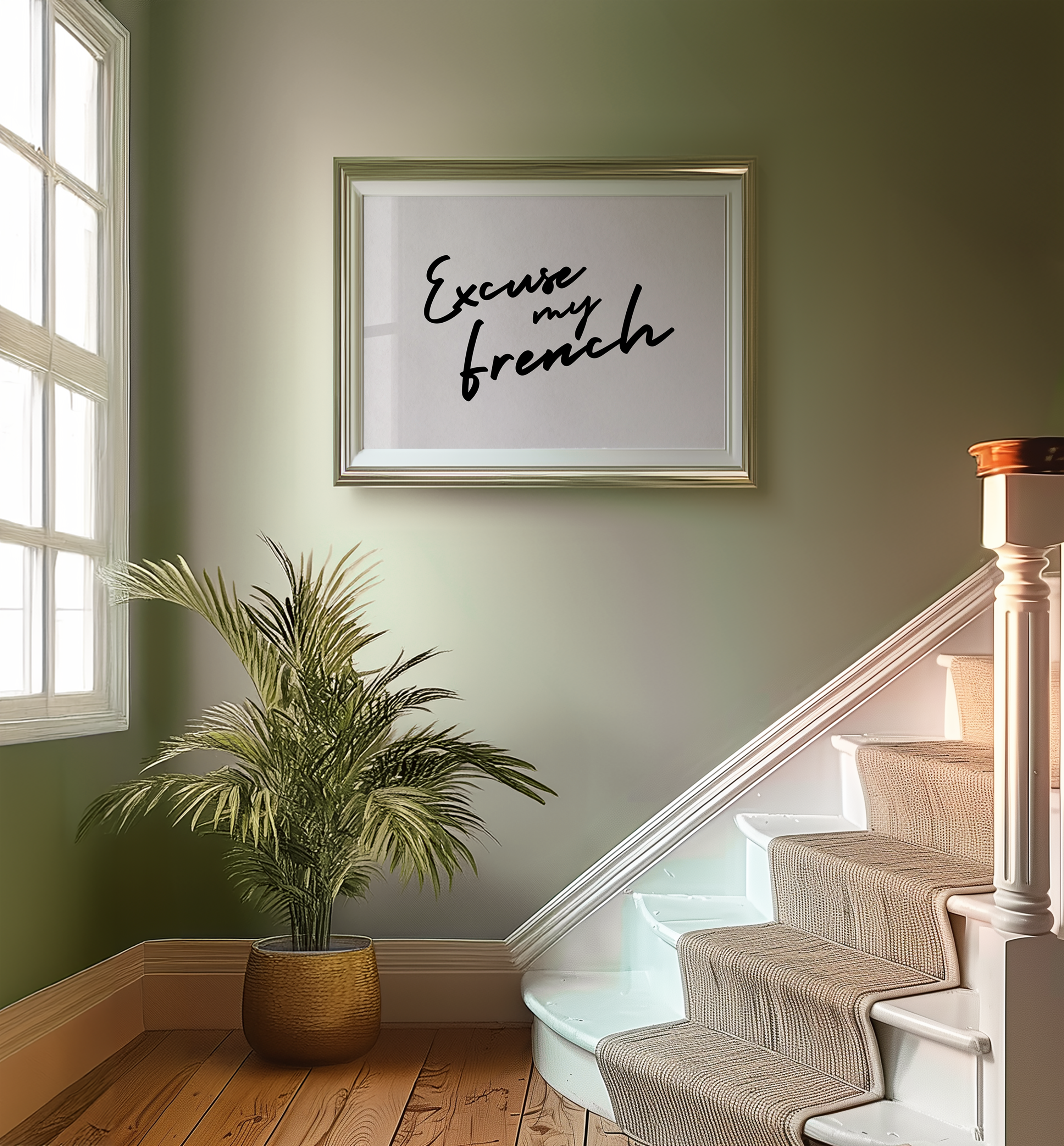 Staircase with a plant and framed artwork on a green wall