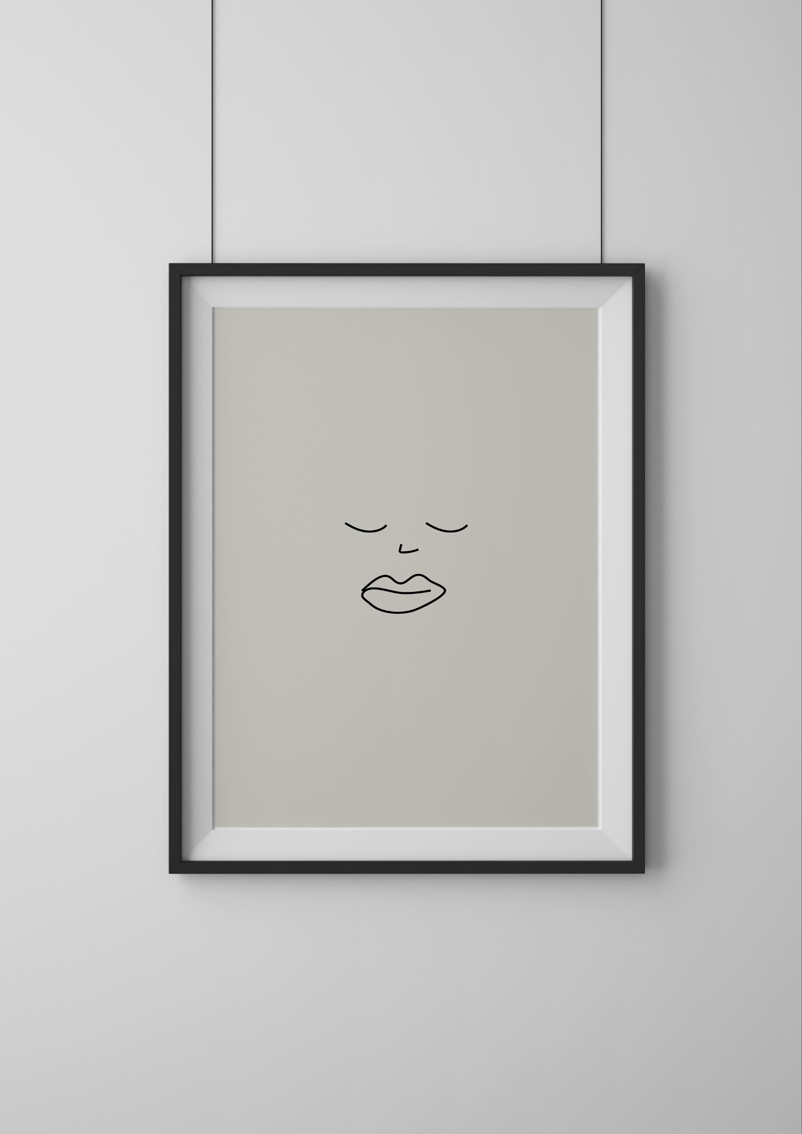 Framed minimalist line art of a face on a light gray background