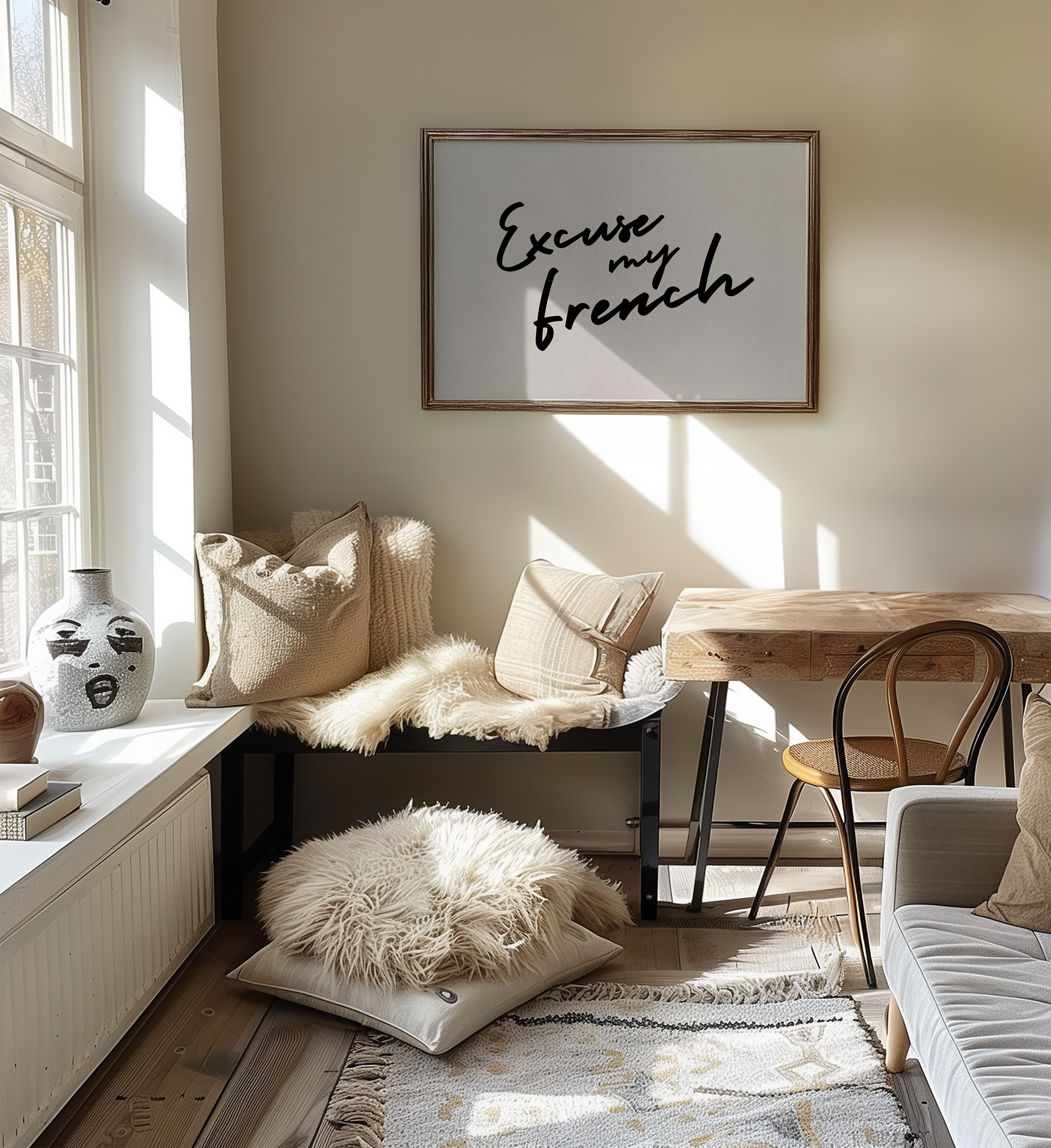 Cozy living room with a wooden bench, cushions, and a framed picture on the wall.
