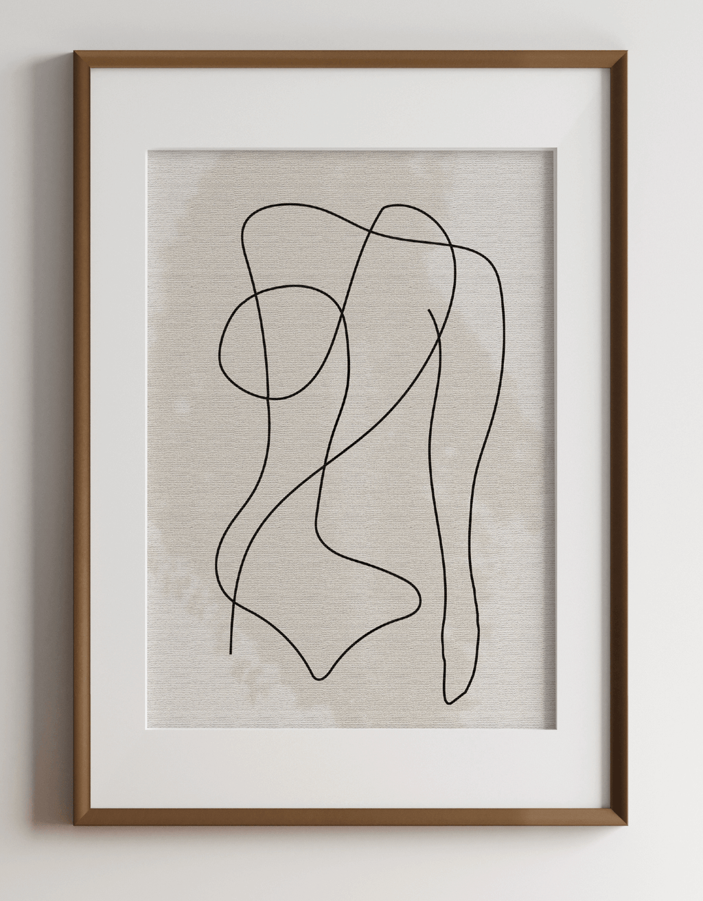 Minimalist line art print featuring a line drawing of female body, on a neutral background displayed in a wall hung wooden frame.