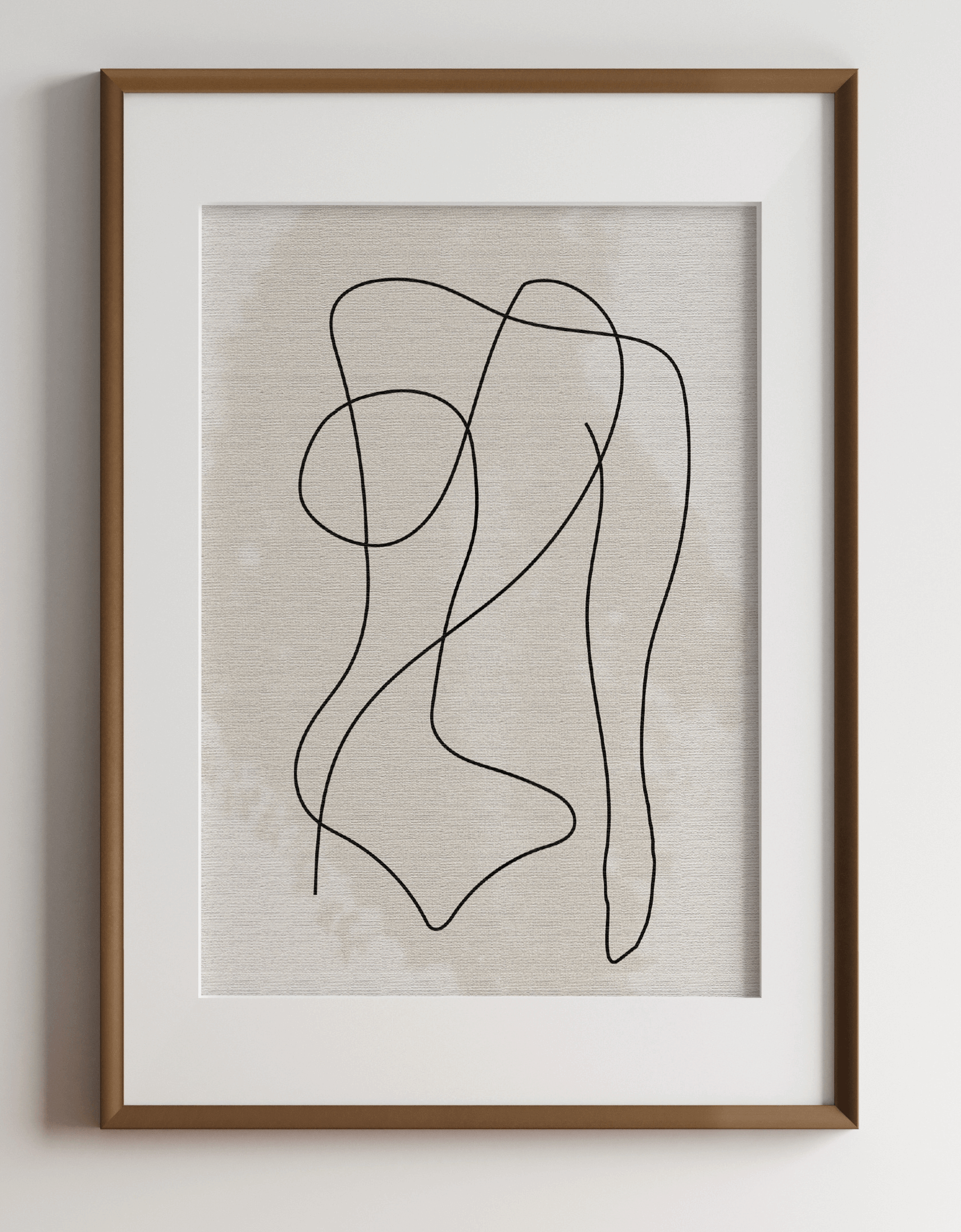 Minimalist line art print featuring a line drawing of female body, on a neutral background displayed in a wall hung wooden frame.