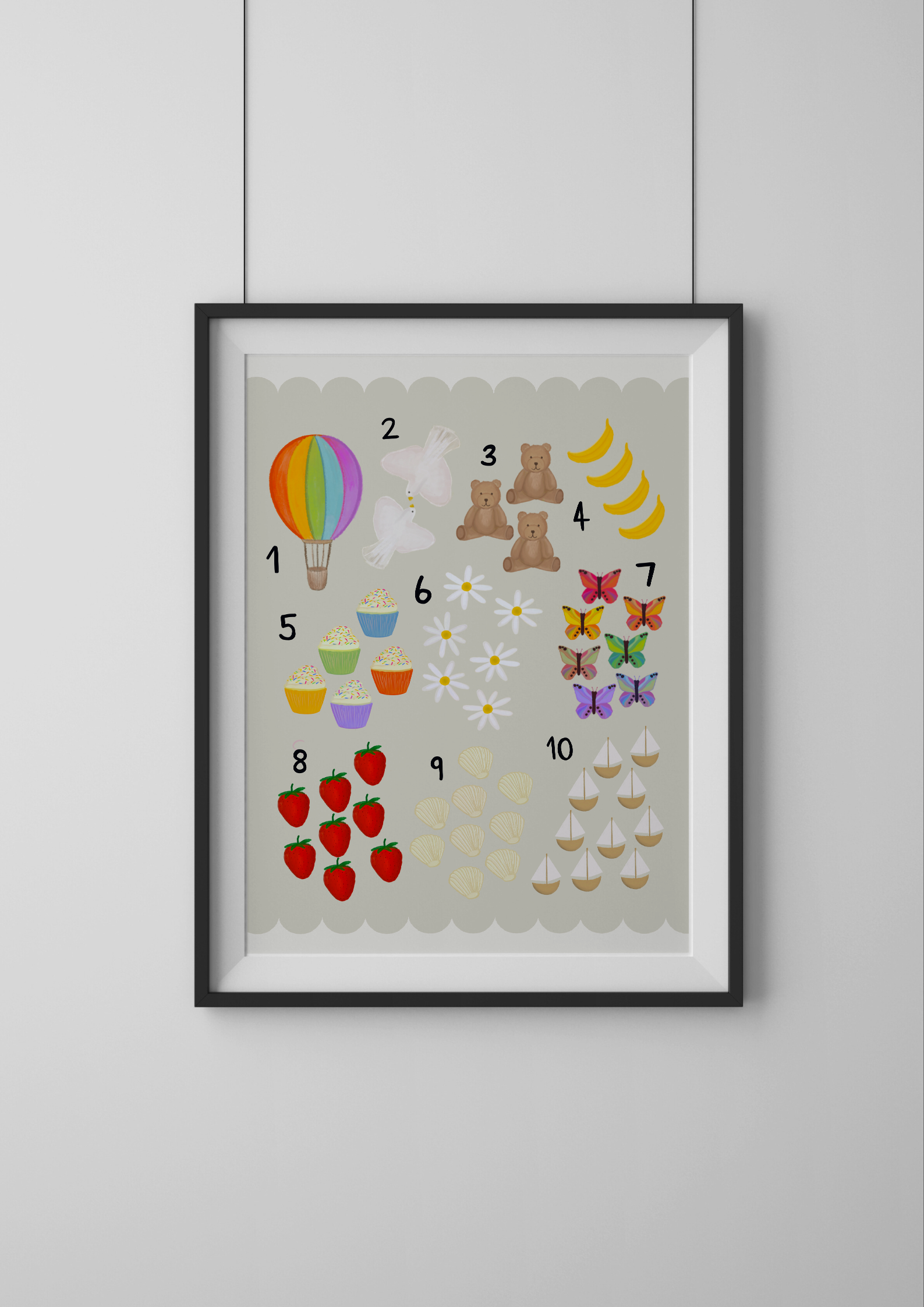 Framed children's educational chart with colorful illustrations on a light gray background