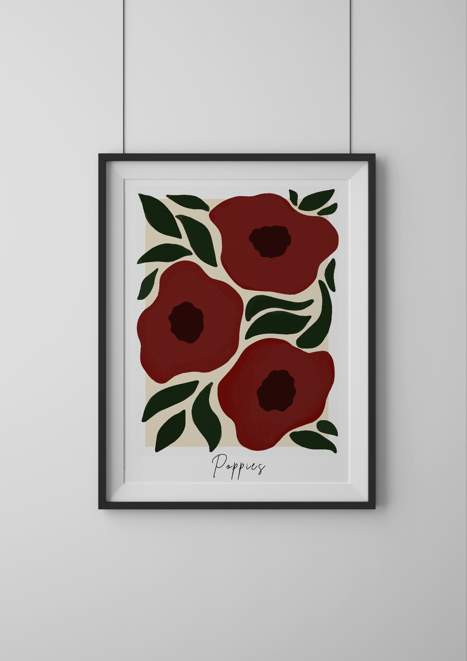 Framed artwork of red poppies on a white background