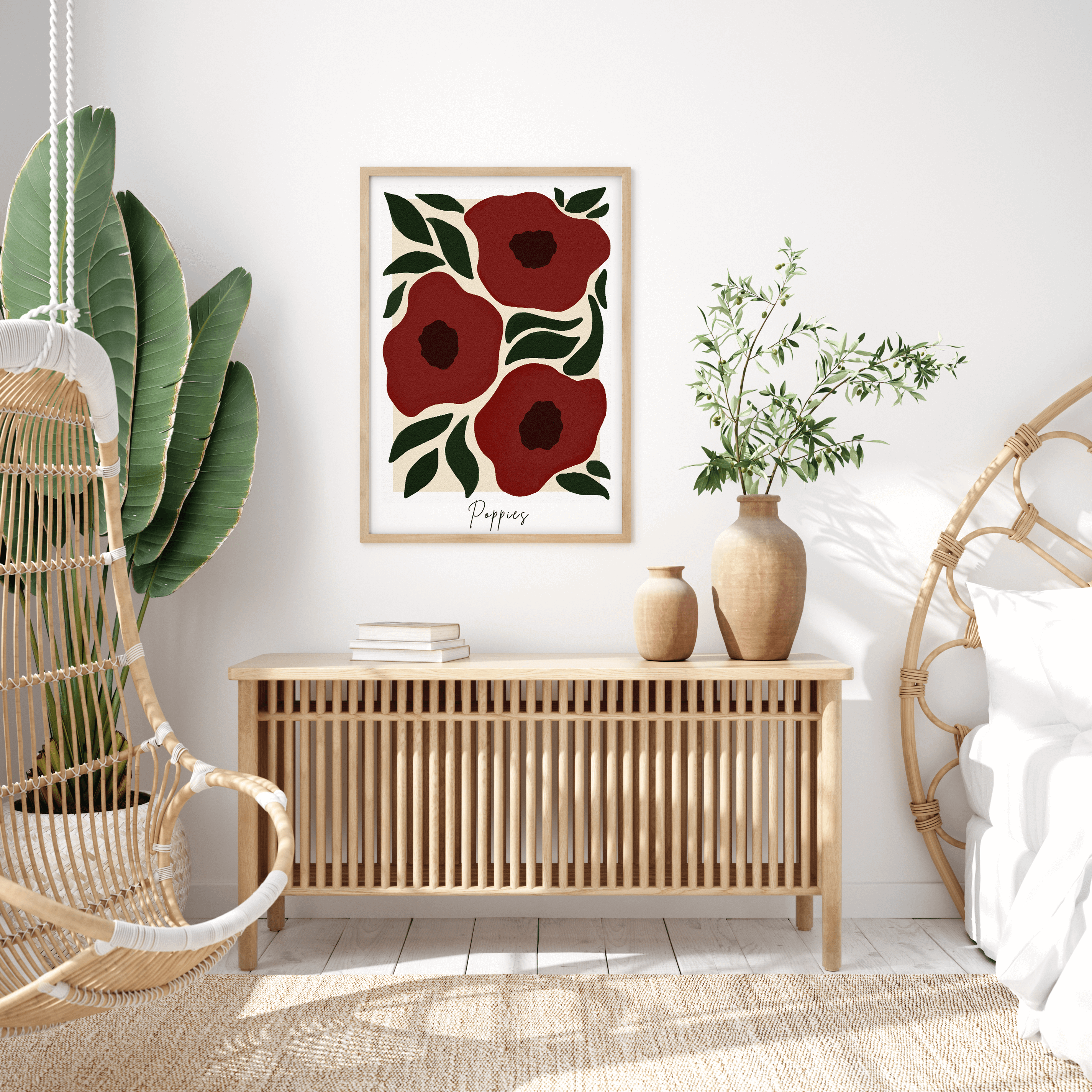 Living room with wooden console table, floral artwork, and decorative plants.
