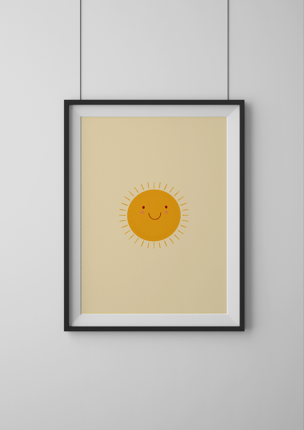 Framed artwork of a smiling sun on a beige background