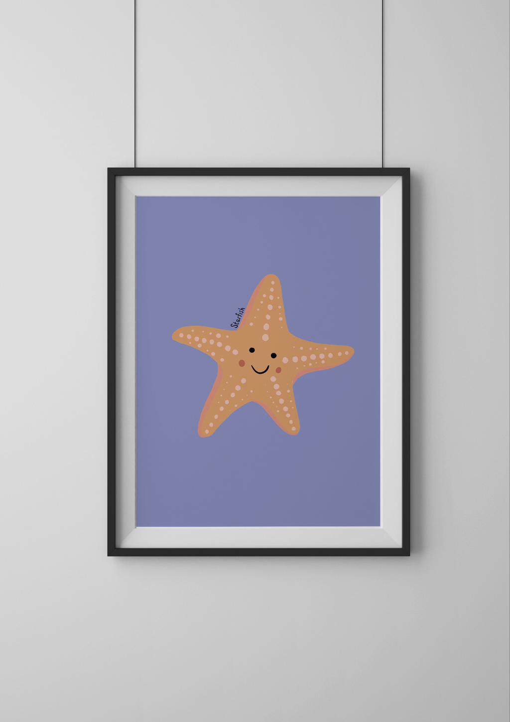 Framed artwork of a smiling starfish on a purple background