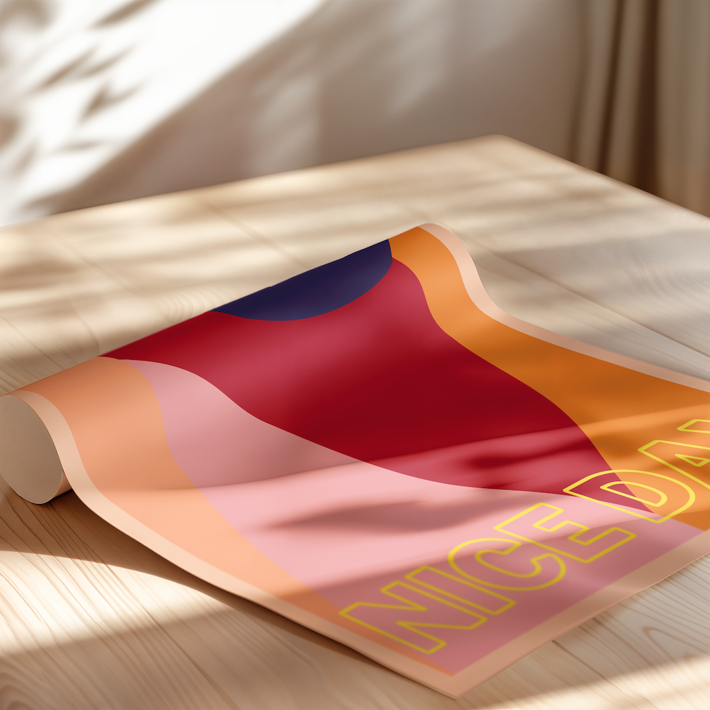 Colorful poster with 'NICE DAY' text on a wooden surface