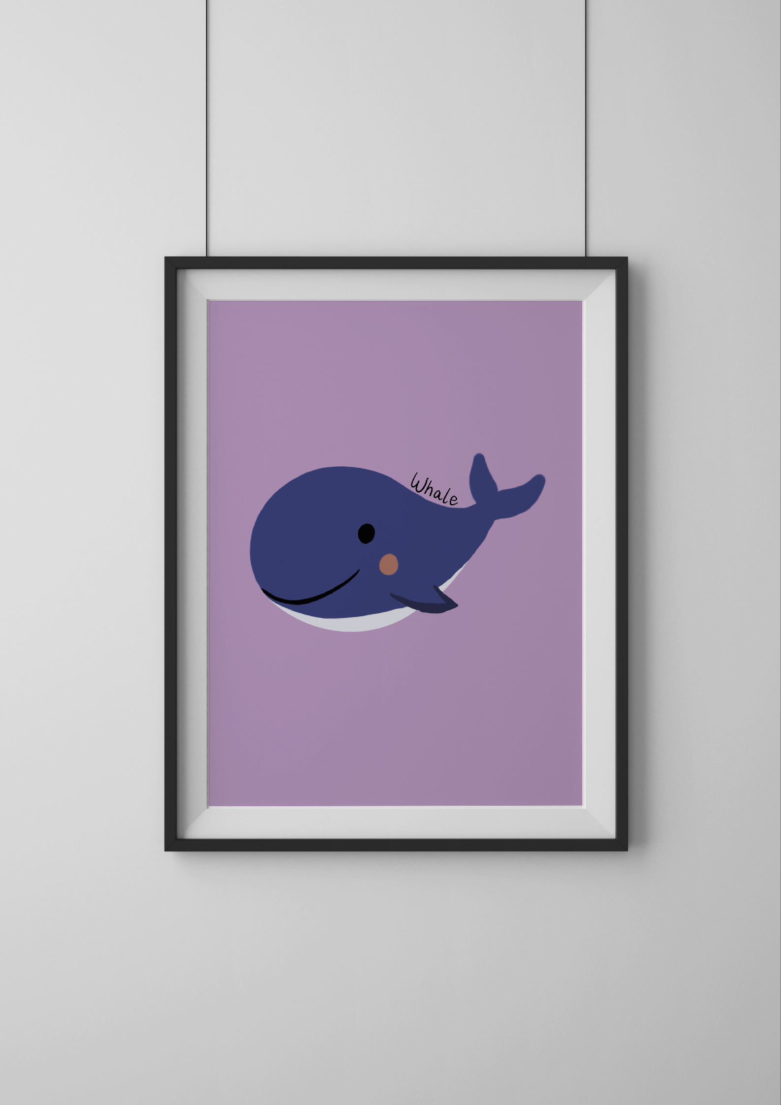 Framed artwork of a blue whale on a purple background