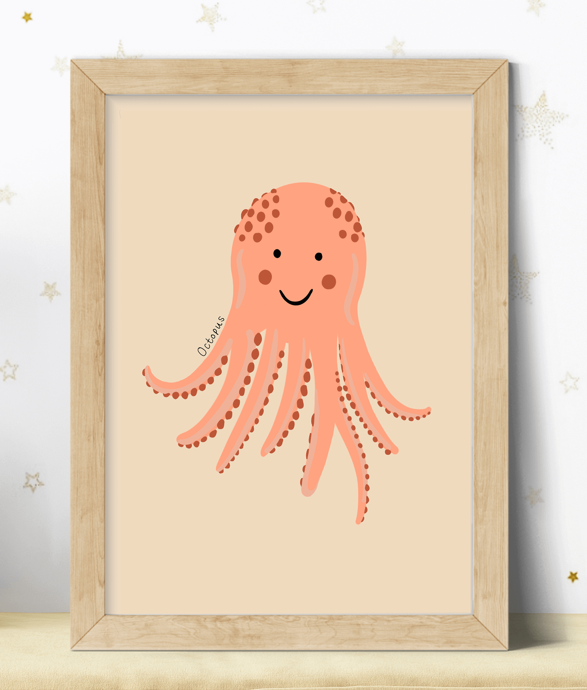 Hand-drawn octopus art print, predominantly pink-orange, displayed in a wooden frame.