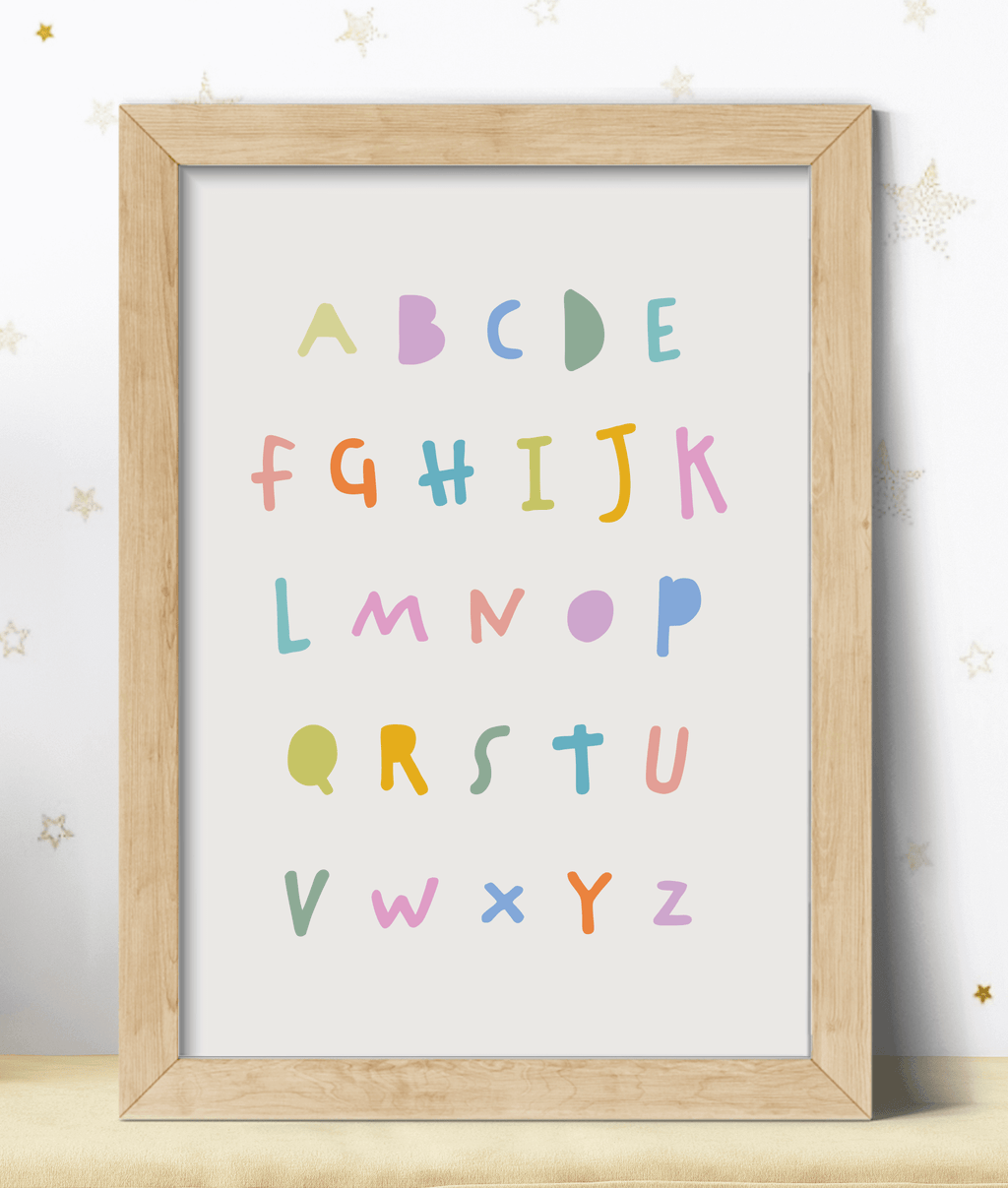 Educational alphabet print for kids nursery in pastel colours against a greige background