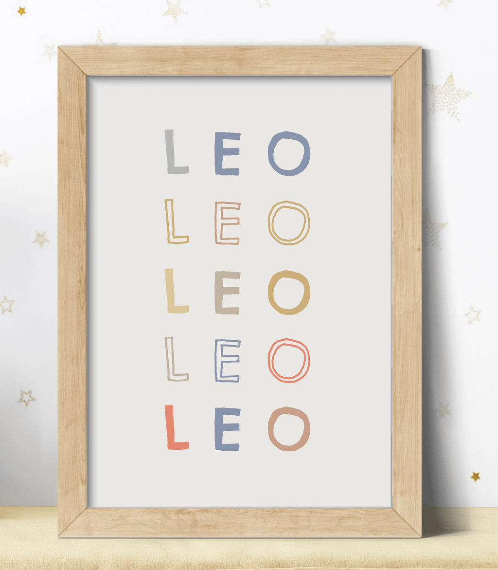Personalised kids poster in muted colours against neutral background in wooden frame