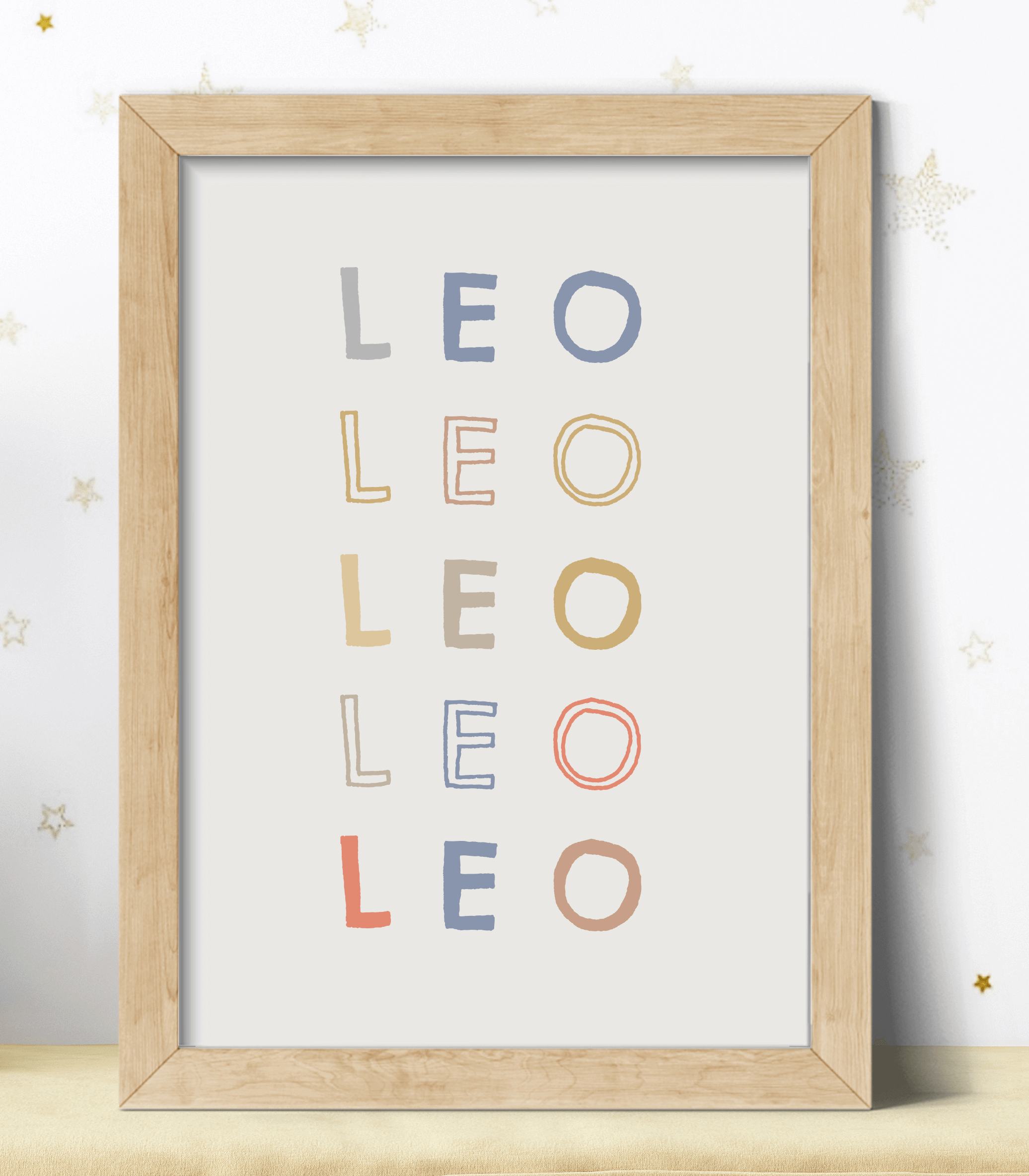 Personalised kids poster in muted colours against neutral background in wooden frame