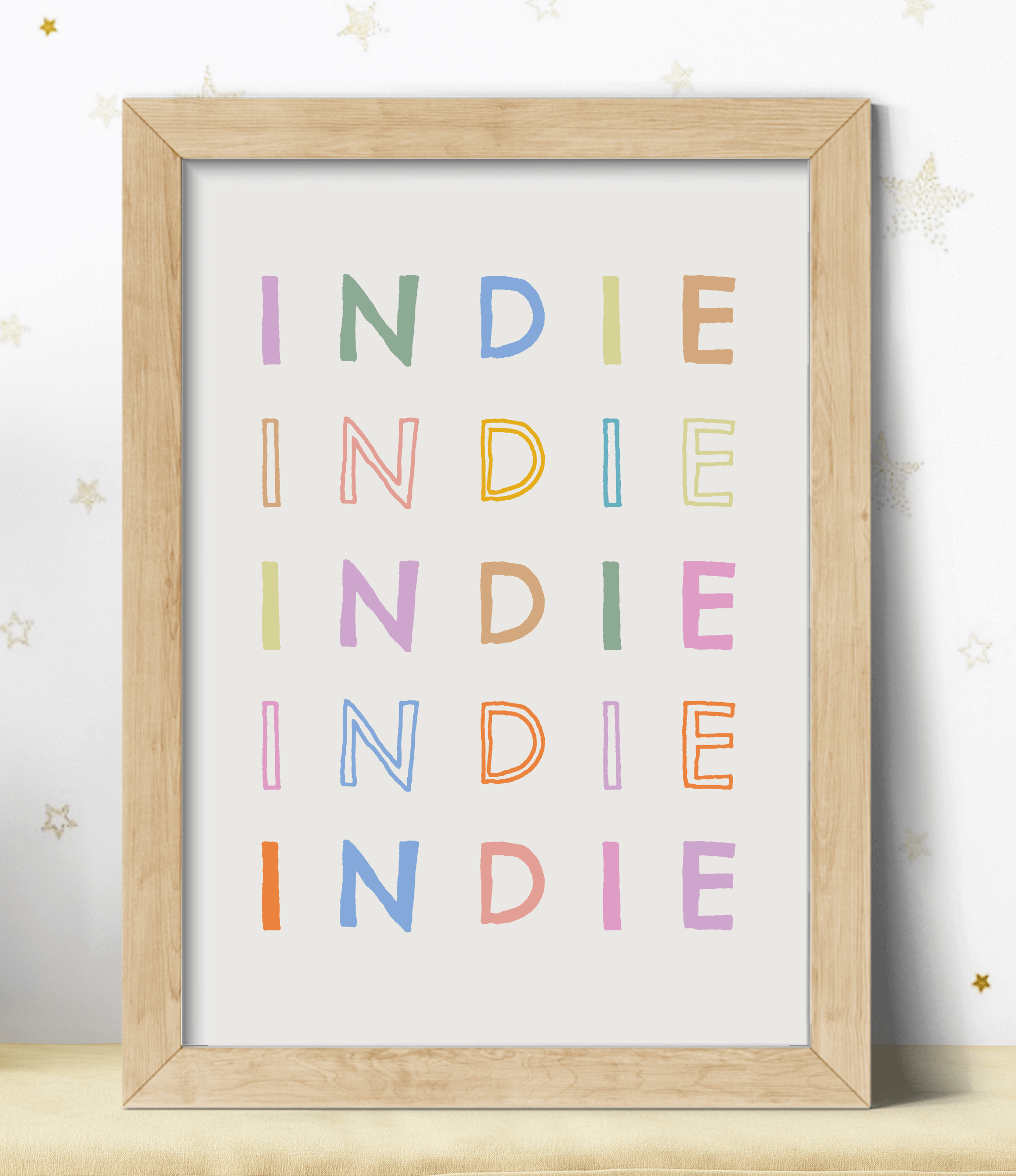 Personalised name poster in pastel colours in a wooden frame