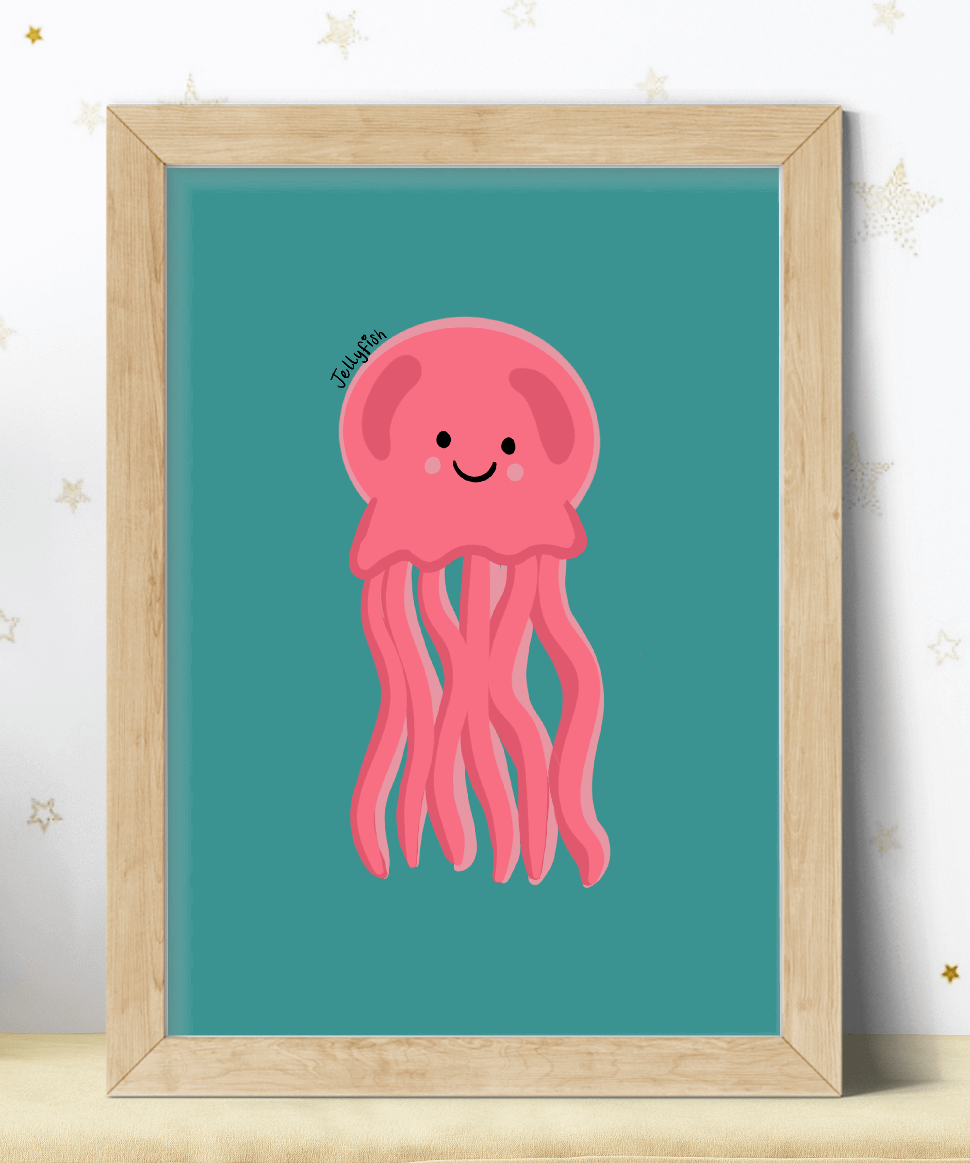 Kids poster featuring pink jellyfish illustration on a green background in a wooden frame