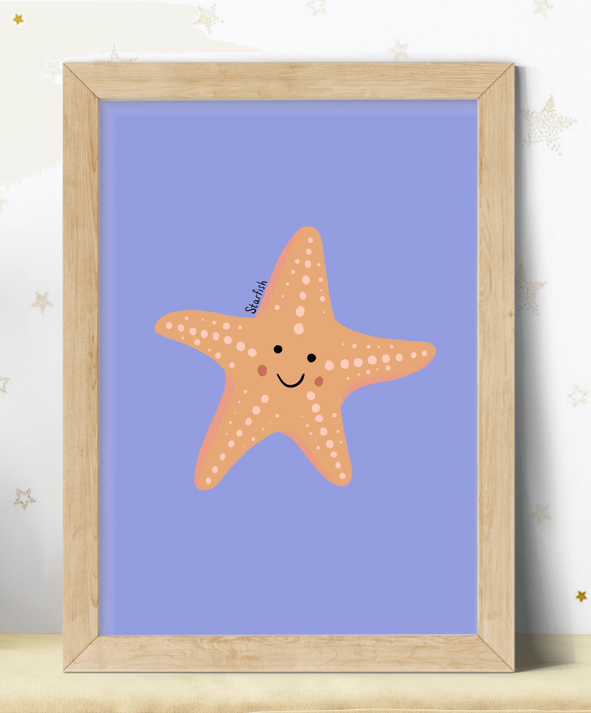 A print featuring orange seahorse illustration against a lilac background